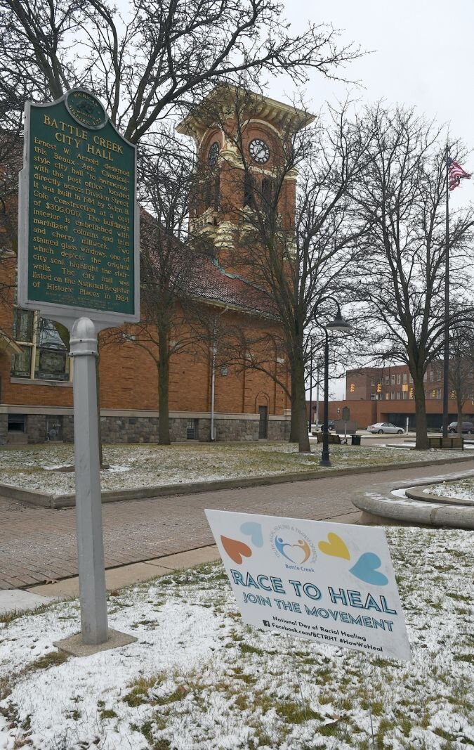 Racial healing sign at City Hall in downtown Battle Creek.