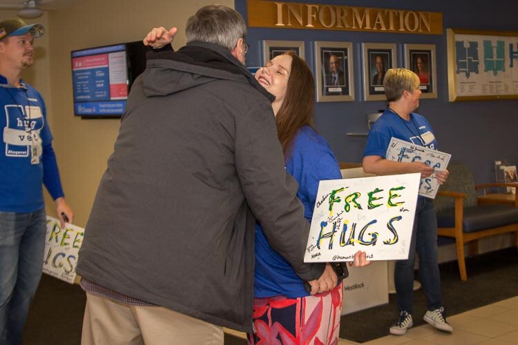 There were lots of human hugs when volunteers in the Hug Ambassadors Program recently offered hugs to veterans at the VA in Battle Creek.