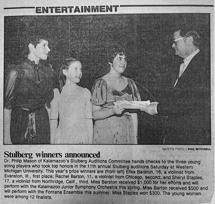 Rachel Barton (second from left in this Kalamazoo Gazette clipping) at age 11 won the silver medal in the 1986 Stulberg Competition.