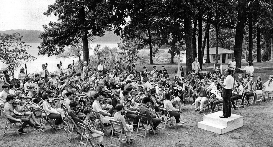 Julius Stulberg conducts the Kalamazoo Junior Symphony Orchestra in 1967 at Pretty Lake near Mattawan.