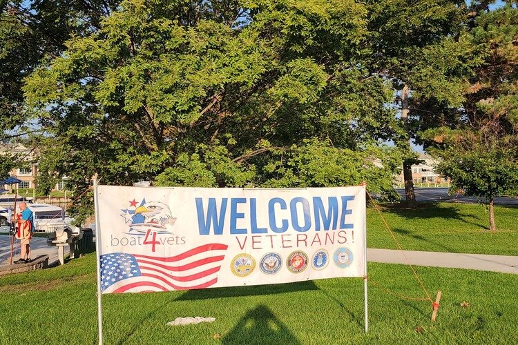 Signage stating "Welcome Veterans" from last year's Boat4Vets event.