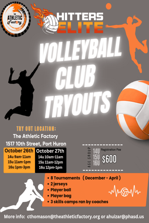 Poster for The Athletic Factory's Volleyball Club tryouts.