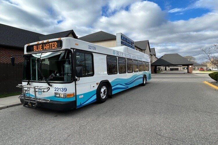 The new Gillig bus at the Convention Center in Port Huron.