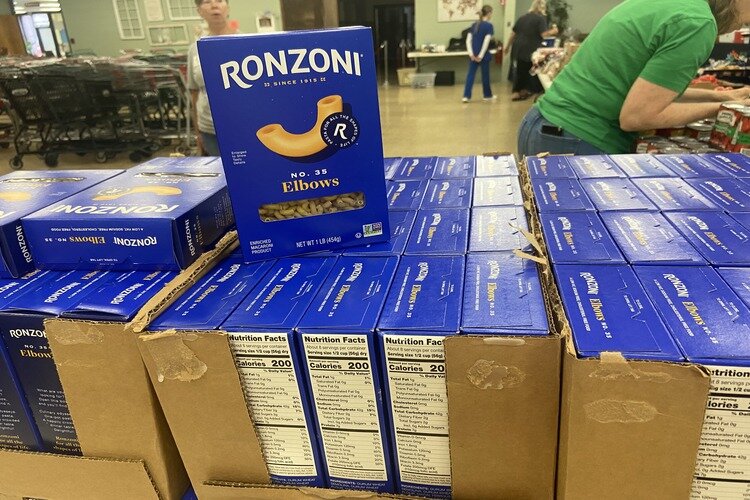 Boxes of pasta for community members.