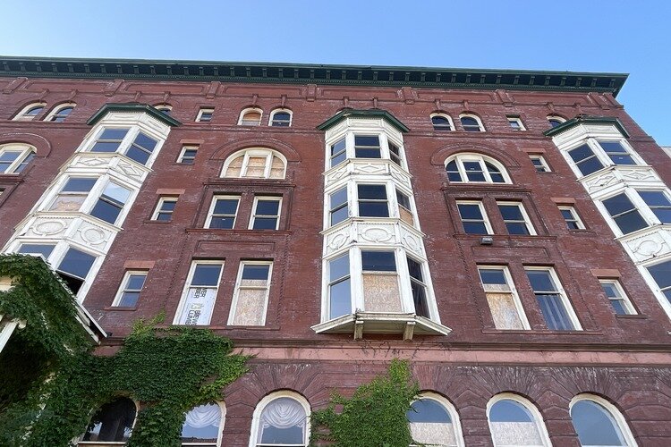 Closer view of the historic Harrington Hotel.