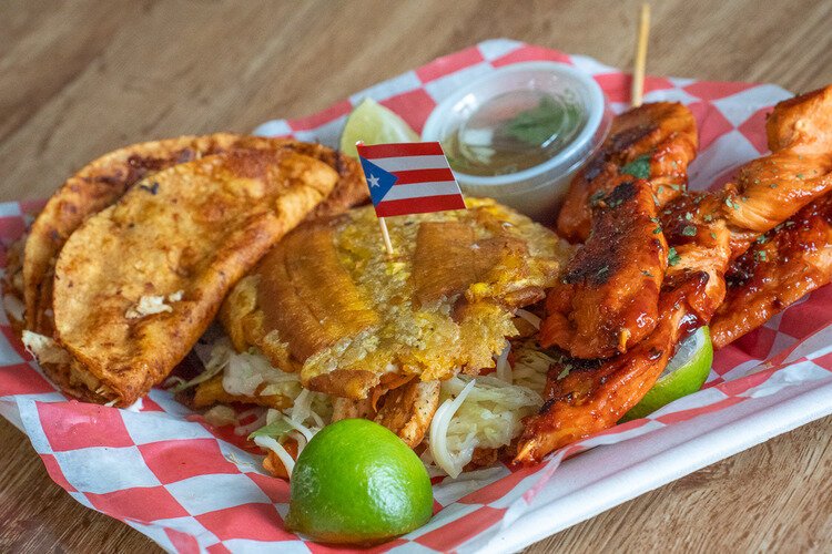 Left to Right: Chicken Birria taco, Chicken Jibarito and Chicken Pinchos.