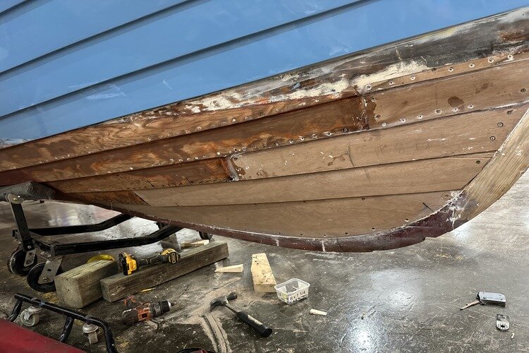 New planks on the bottom of a Lyman boat before being painted.