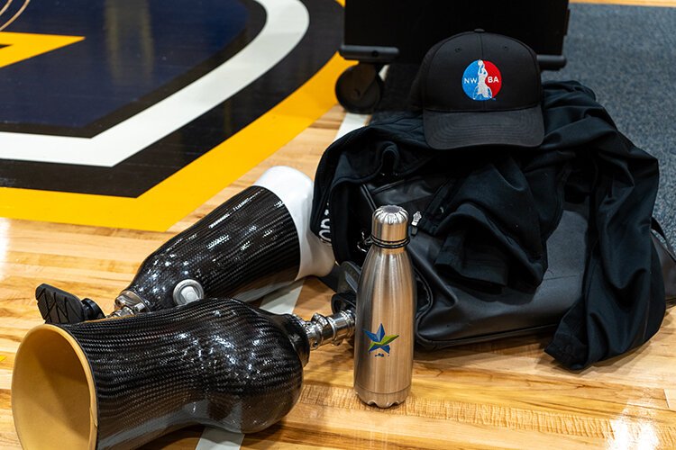 Gear and equipment used by some of the wheelchair basketball players.