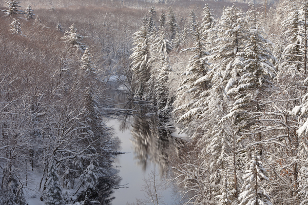 The first snow of the year over the Dead River. / Shawn Malone