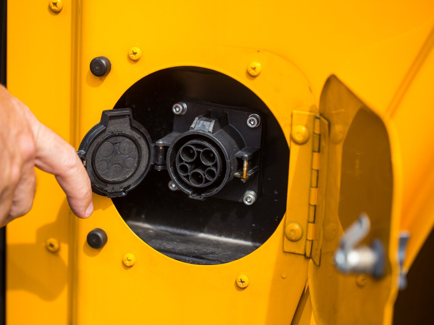 An up-close look at a bus charging connection. 