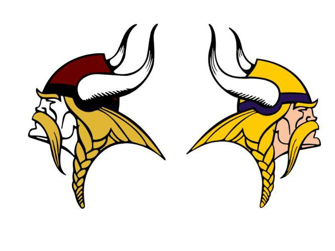 An example of a derivative work includes the North Dickinson Nordic on the left and the original Minnesota Vikings logo on the right.