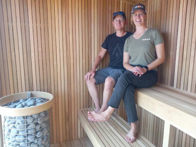 Jason and Lynn Makela inside one of their sauna.